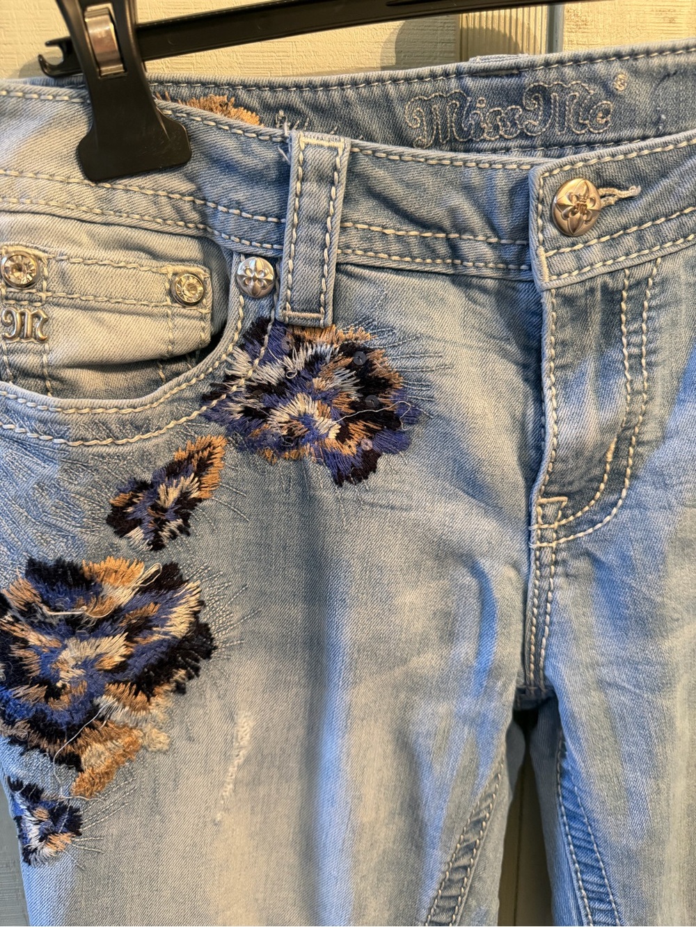 Miss Me Light Blue Skinny Jeans with Navy & Tan Floral Embroidery - Picture 2 of 3